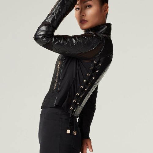 mesh moto jacket with black leather gold trims gold collection 138233