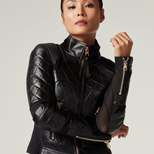 mesh moto jacket with black leather gold trims gold collection 305867