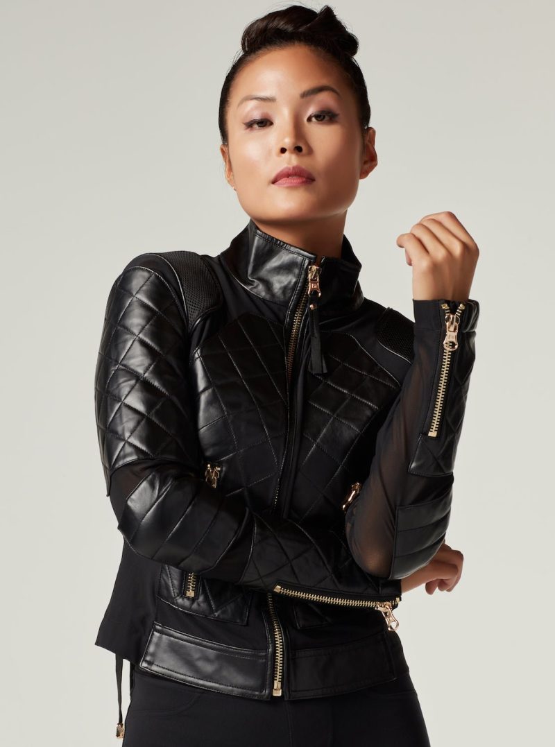 mesh moto jacket with black leather gold trims gold collection 305867