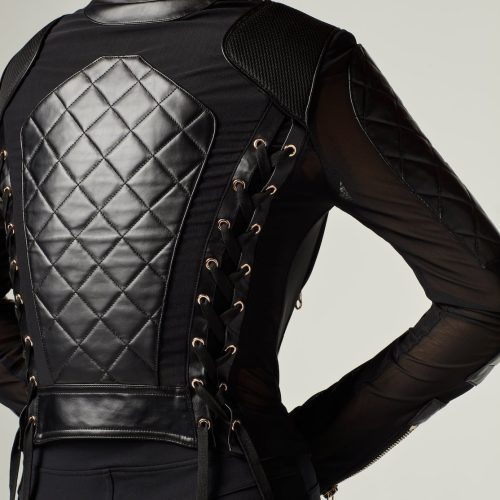 Mesh Moto Jacket with Black Leather & Gold Trims - Gold Collection - Blanc Noir Online Store