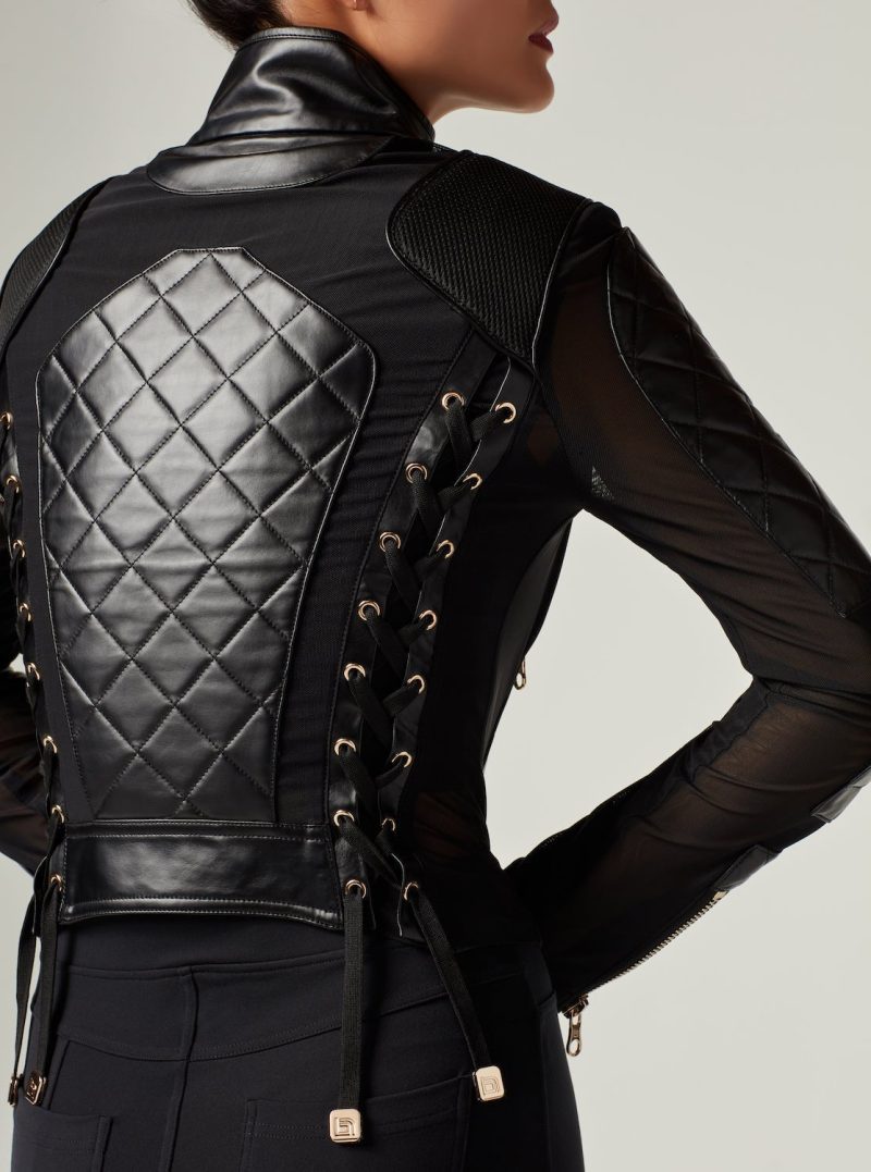 Mesh Moto Jacket with Black Leather & Gold Trims - Gold Collection - Blanc Noir Online Store