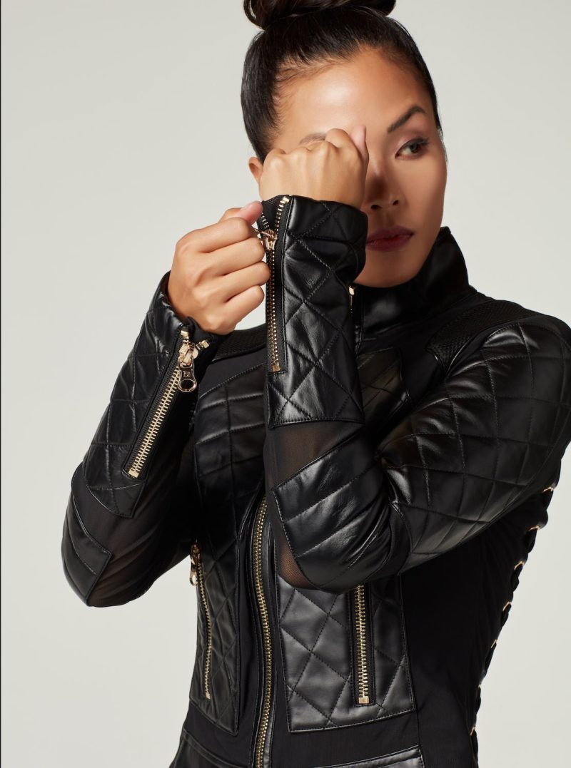 mesh moto jacket with black leather gold trims gold collection 841507