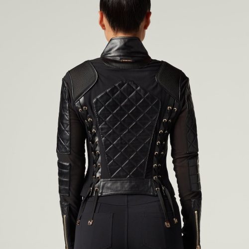 mesh moto jacket with black leather gold trims gold collection 849707