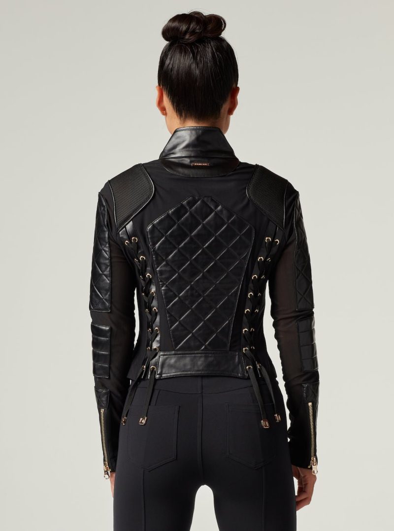 mesh moto jacket with black leather gold trims gold collection 849707