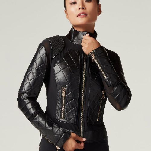 mesh moto jacket with black leather gold trims gold collection 960188